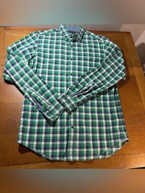 Banana Republic Men’s Size M Tall Flannel Plaid Shirt Green Blue Cotton